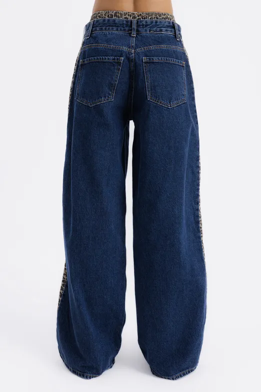 Bayan Mavi Boxer Detaylı Yan Şeritli Denim Pantolon - BSL