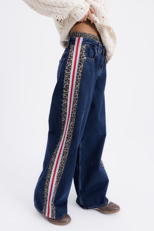 Bayan  Boxer Detaylı Yan Şeritli Denim Pantolon