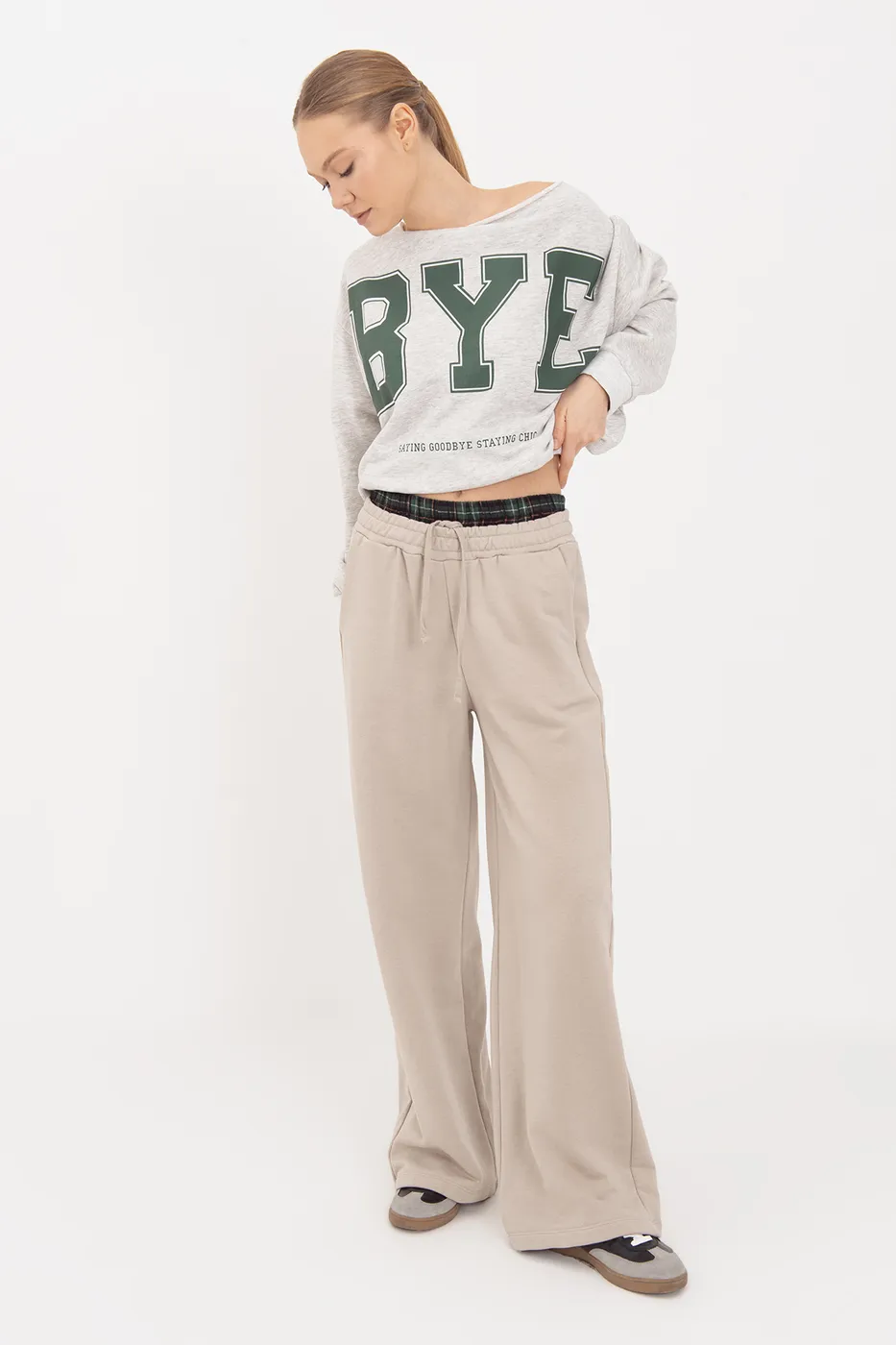 Bayan Bej Kontrast Bel Bantlı Geniş Paça  Pamuklu Pantolon
