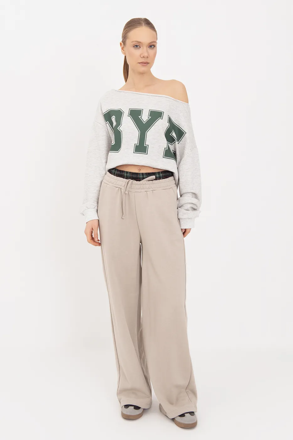 Bayan Bej Kontrast Bel Bantlı Geniş Paça  Pamuklu Pantolon