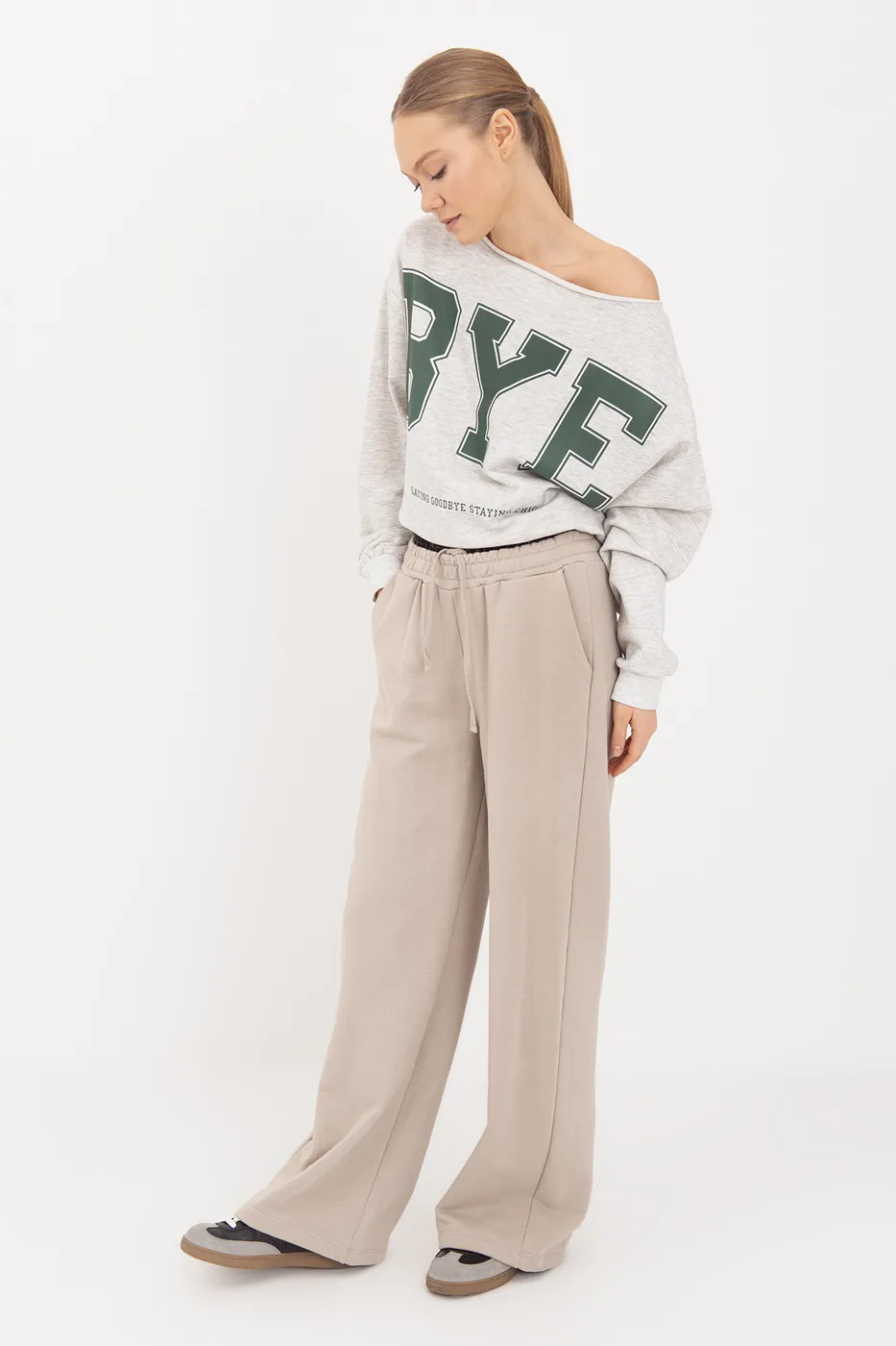 Bayan Bej Kontrast Bel Bantlı Geniş Paça  Pamuklu Pantolon