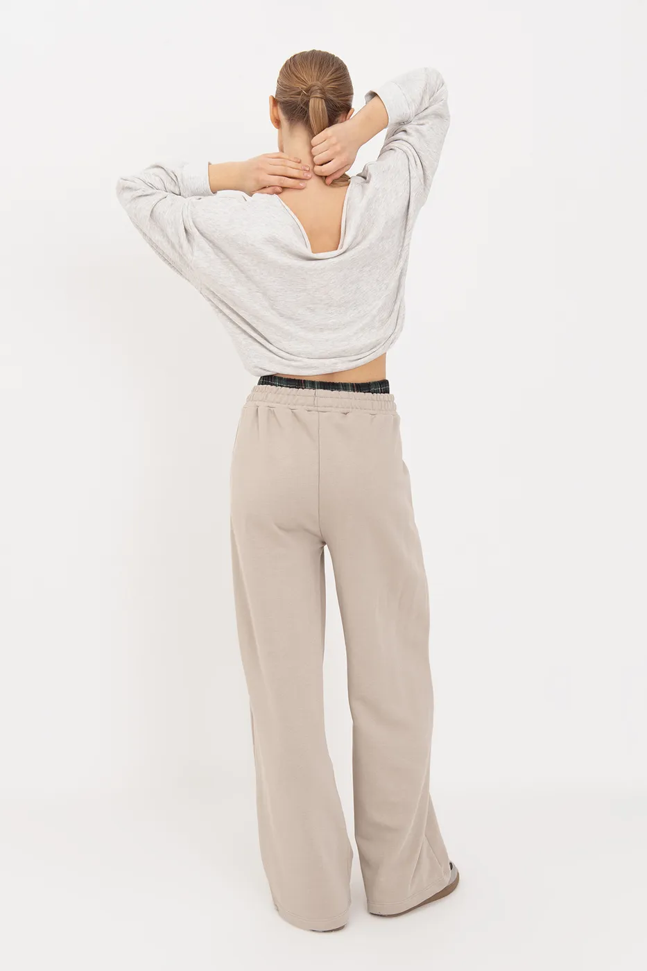 Bayan Bej Kontrast Bel Bantlı Geniş Paça  Pamuklu Pantolon