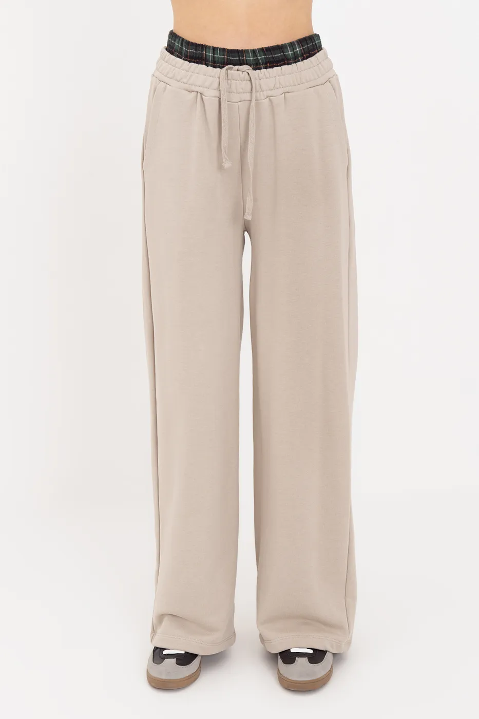 Bayan Bej Kontrast Bel Bantlı Geniş Paça  Pamuklu Pantolon