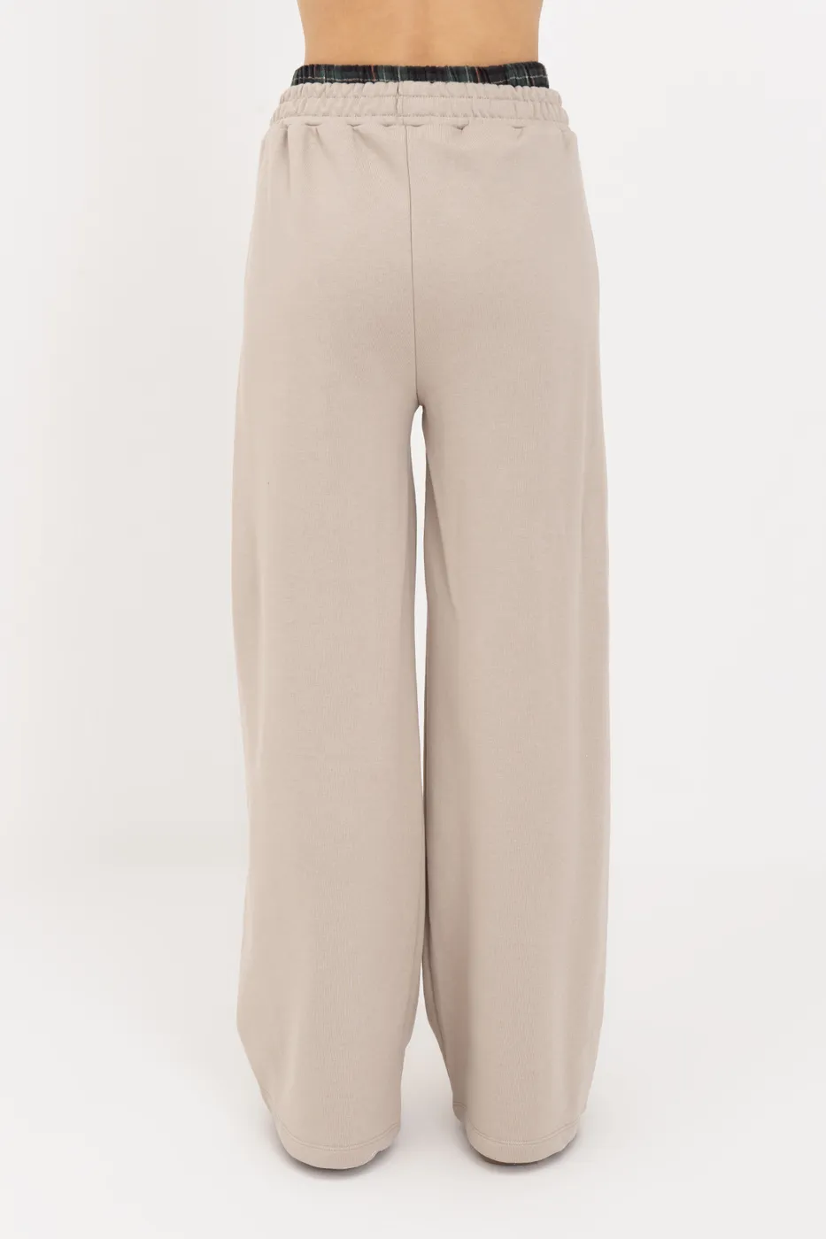 Bayan Bej Kontrast Bel Bantlı Geniş Paça  Pamuklu Pantolon