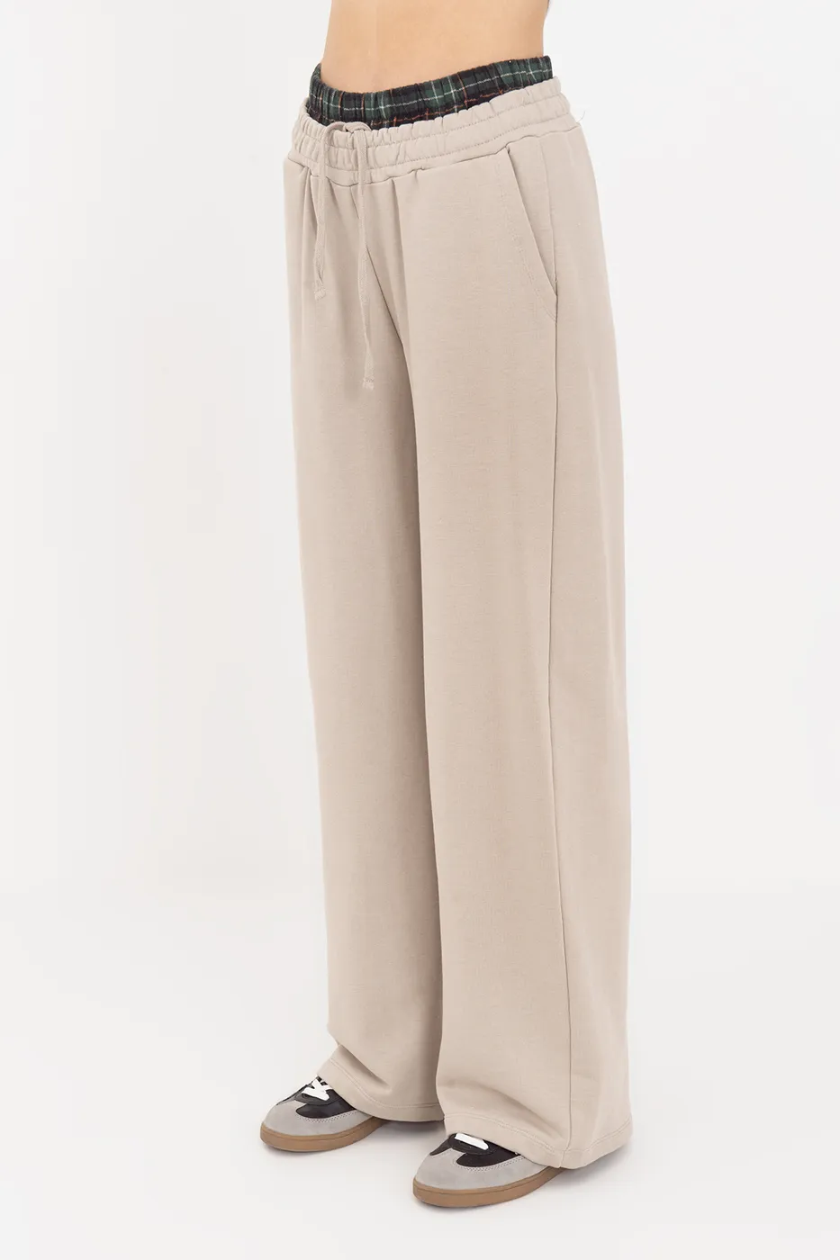 Bayan Bej Kontrast Bel Bantlı Geniş Paça  Pamuklu Pantolon