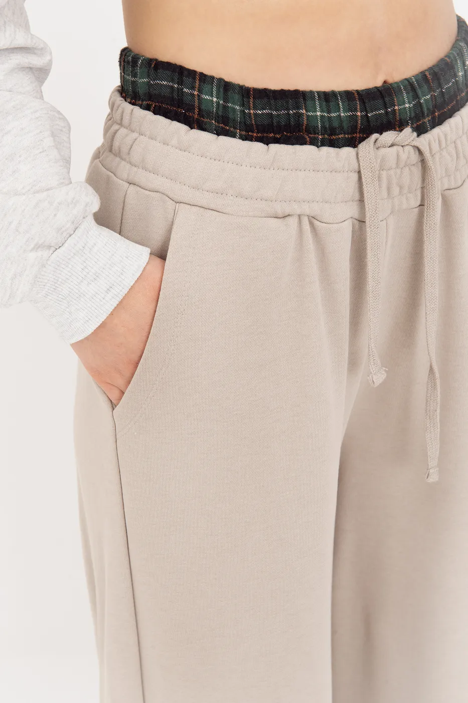 Bayan Bej Kontrast Bel Bantlı Geniş Paça  Pamuklu Pantolon