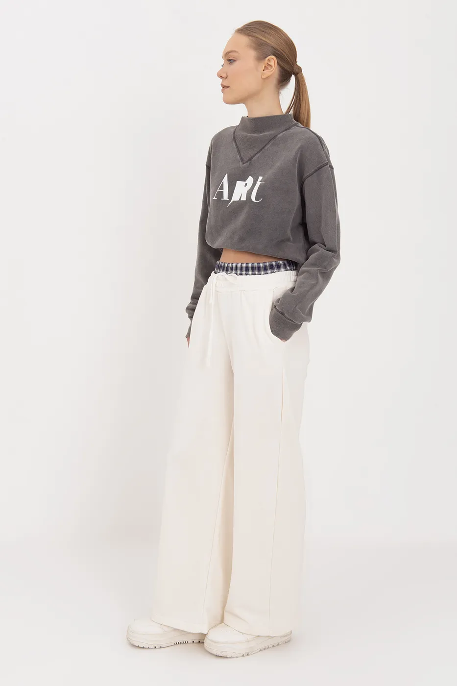 Bayan Ekru Kontrast Bel Bantlı Geniş Paça  Pamuklu Pantolon