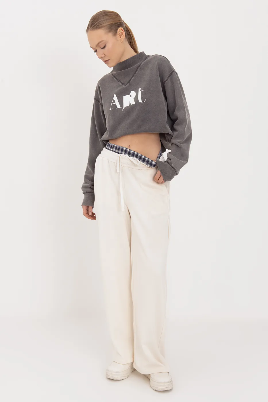 Bayan Ekru Kontrast Bel Bantlı Geniş Paça  Pamuklu Pantolon