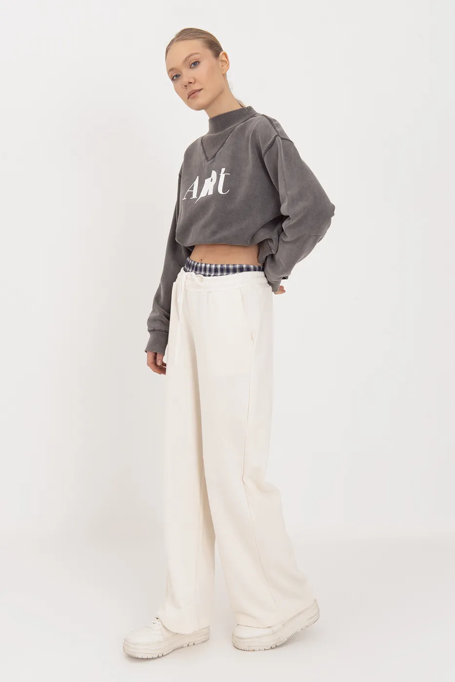Bayan Ekru Kontrast Bel Bantlı Geniş Paça  Pamuklu Pantolon