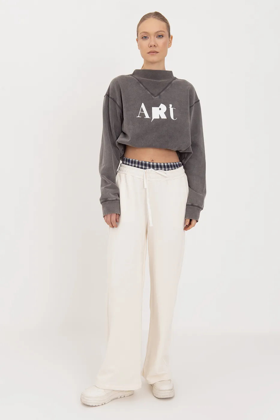 Bayan Ekru Kontrast Bel Bantlı Geniş Paça  Pamuklu Pantolon