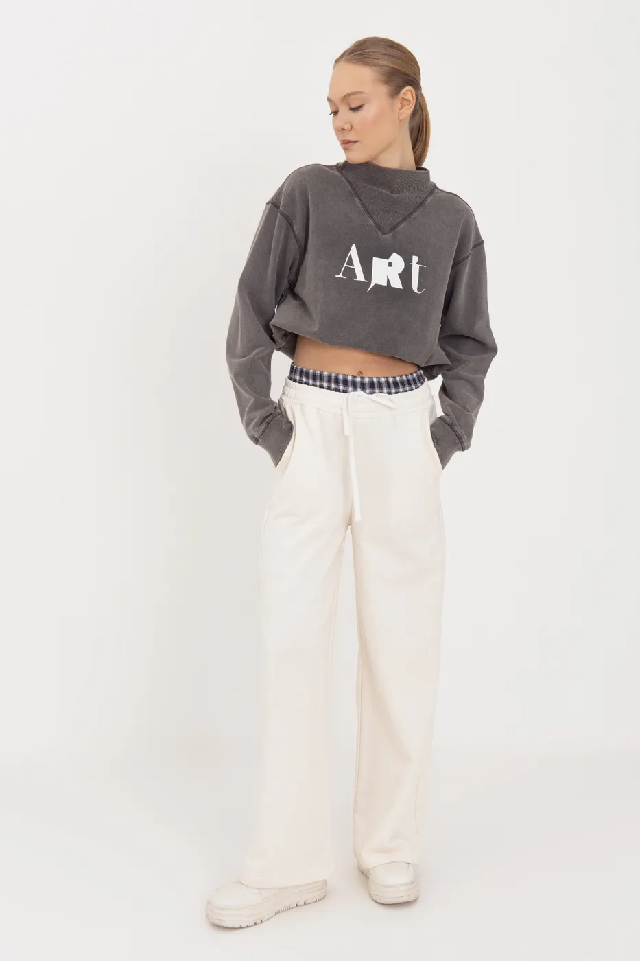 Bayan Ekru Kontrast Bel Bantlı Geniş Paça  Pamuklu Pantolon