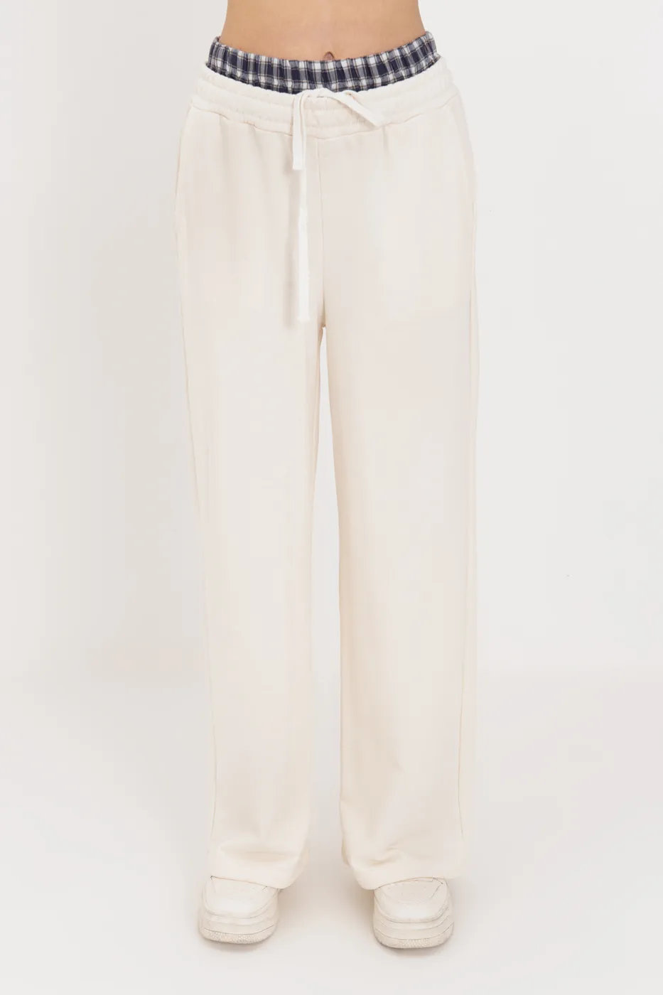 Bayan Ekru Kontrast Bel Bantlı Geniş Paça  Pamuklu Pantolon