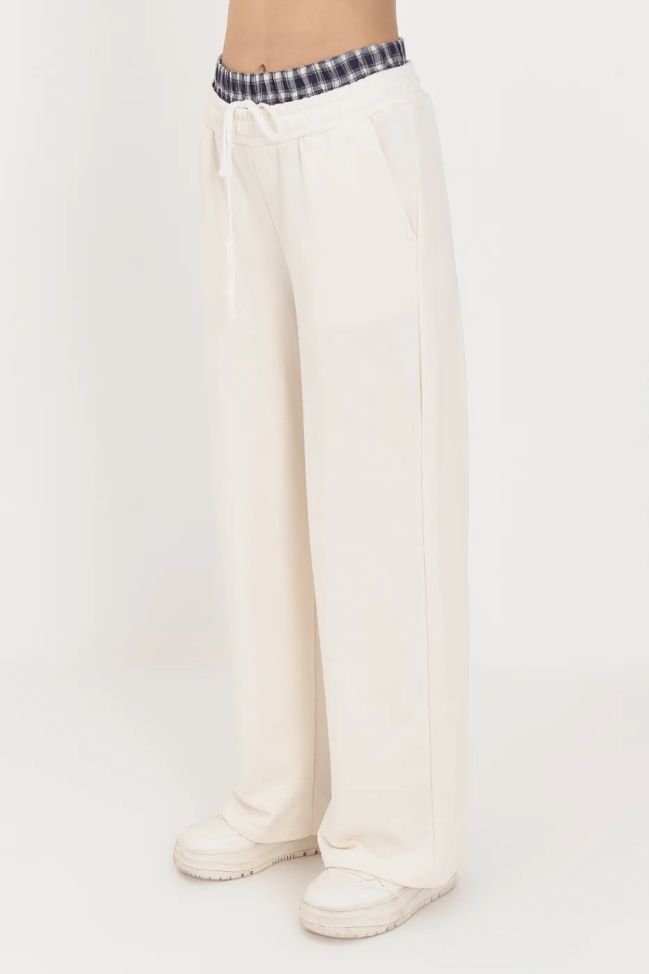 Bayan Ekru Kontrast Bel Bantlı Geniş Paça  Pamuklu Pantolon