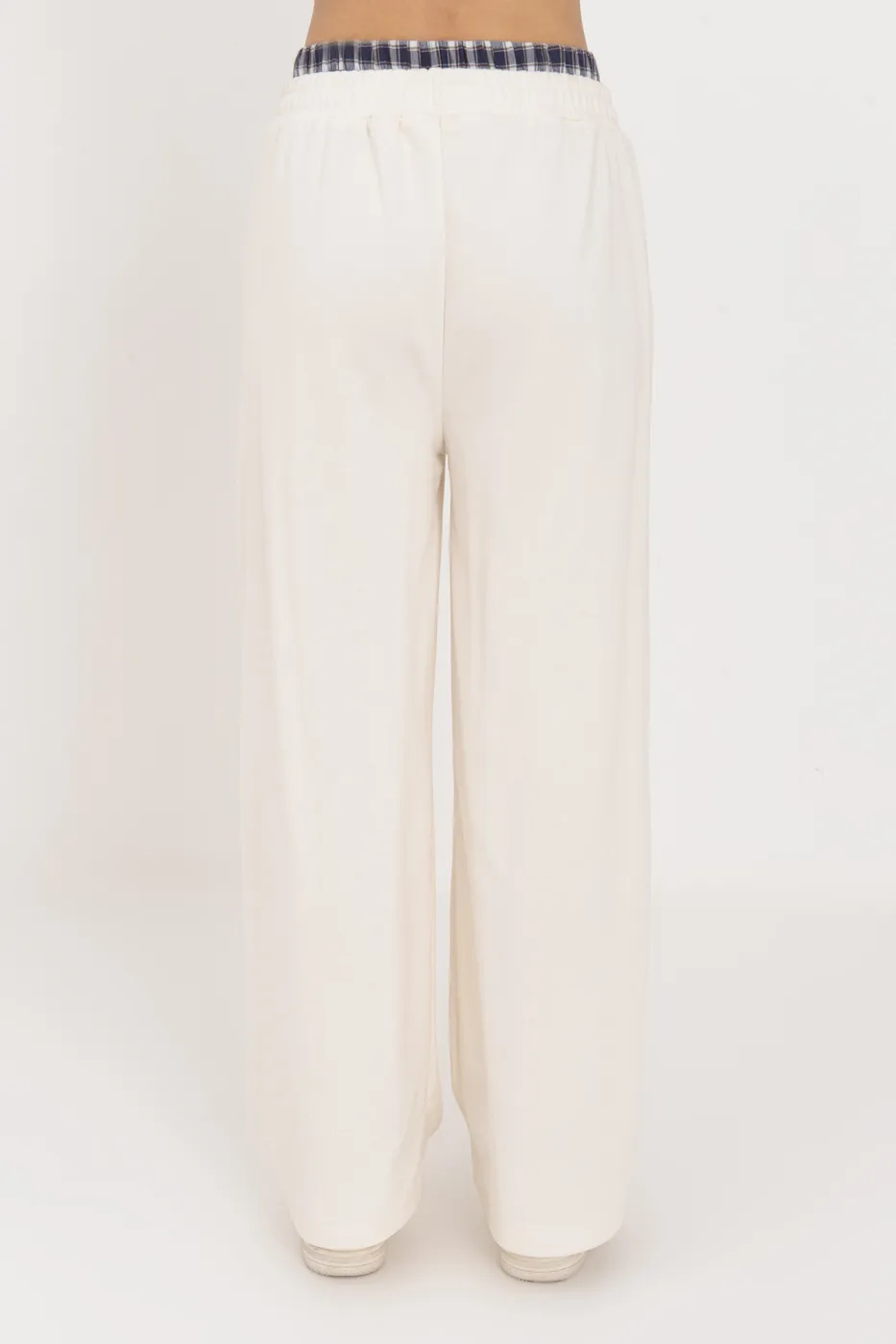 Bayan Ekru Kontrast Bel Bantlı Geniş Paça  Pamuklu Pantolon