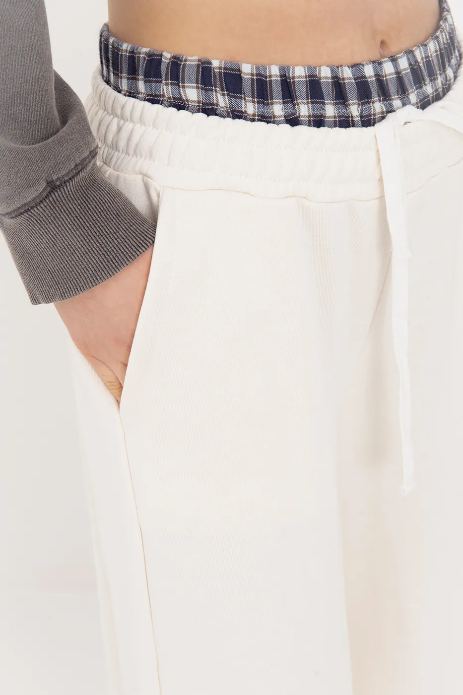 Bayan Ekru Kontrast Bel Bantlı Geniş Paça  Pamuklu Pantolon