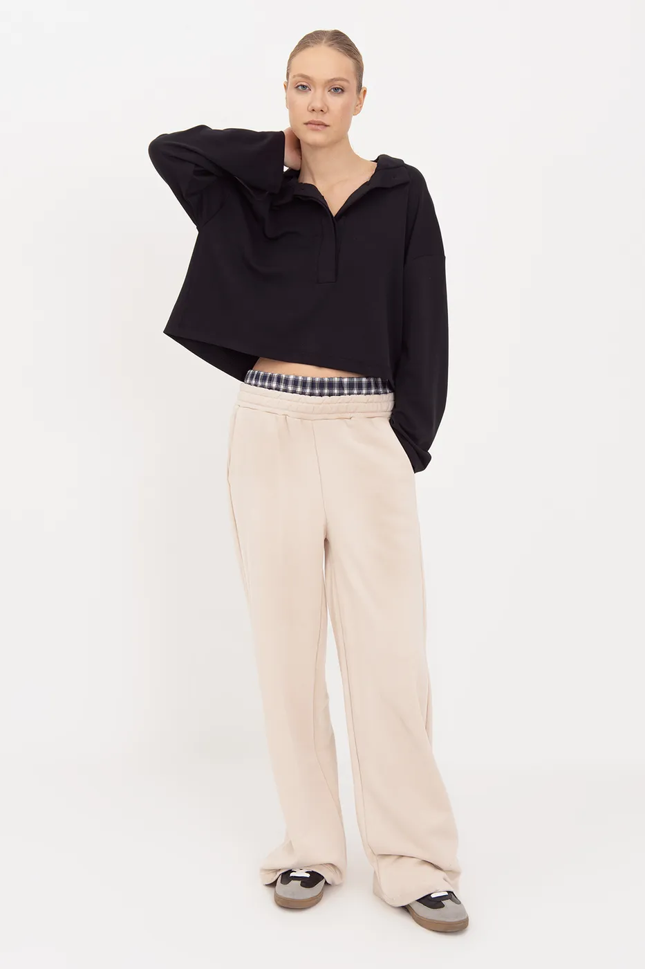 Bayan Ekru Kontrast Bel Bantlı Geniş Paça  Pamuklu Pantolon