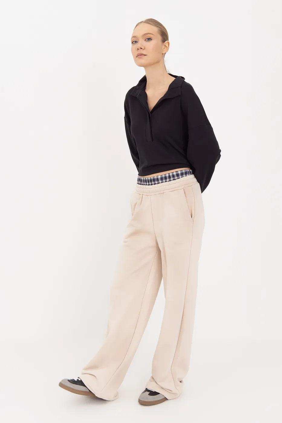 Bayan Ekru Kontrast Bel Bantlı Geniş Paça  Pamuklu Pantolon