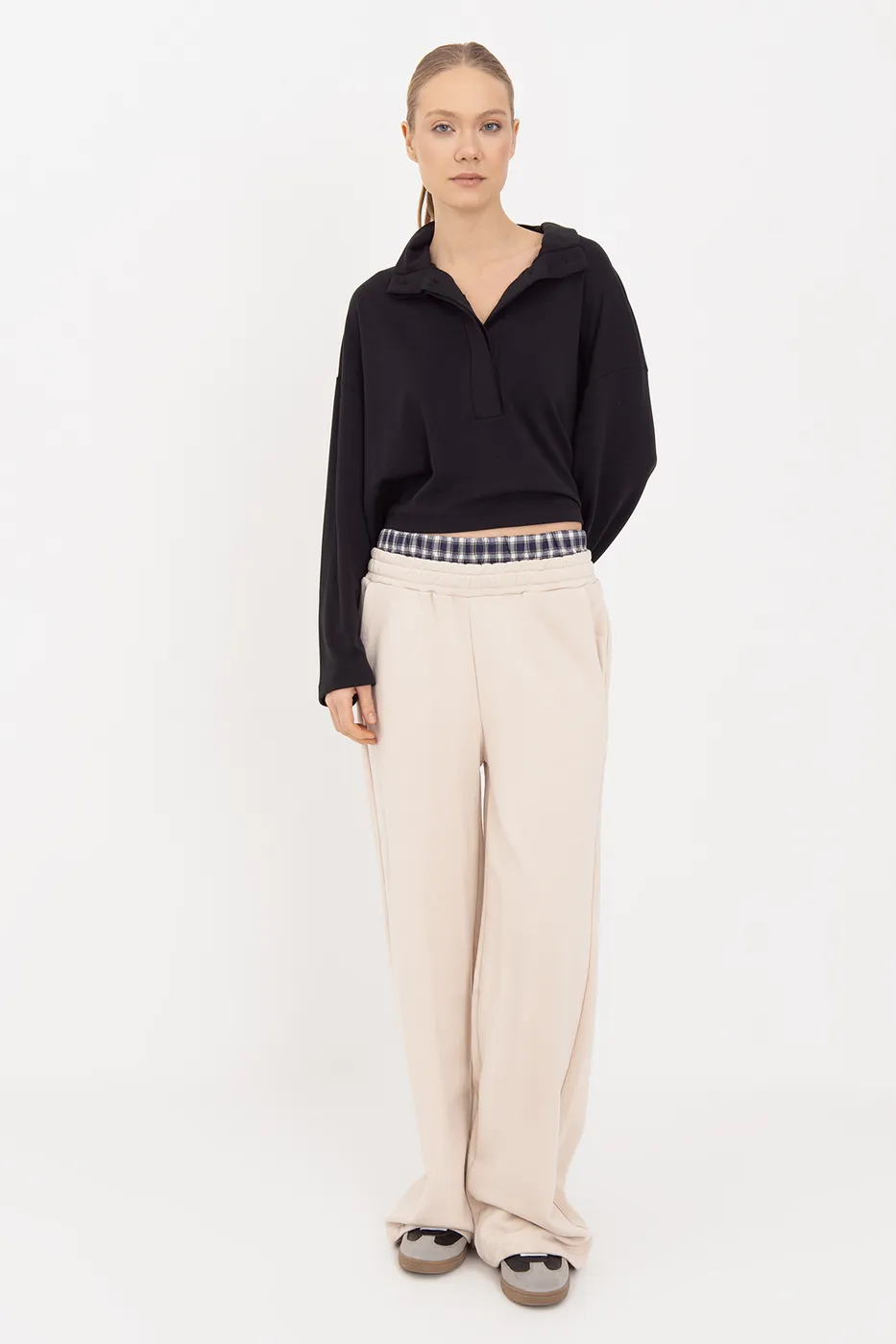 Bayan Ekru Kontrast Bel Bantlı Geniş Paça  Pamuklu Pantolon