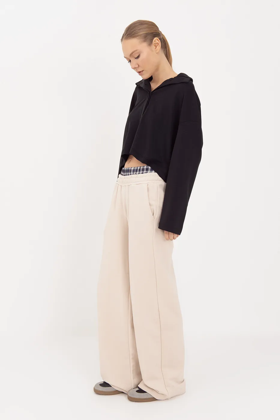 Bayan Ekru Kontrast Bel Bantlı Geniş Paça  Pamuklu Pantolon