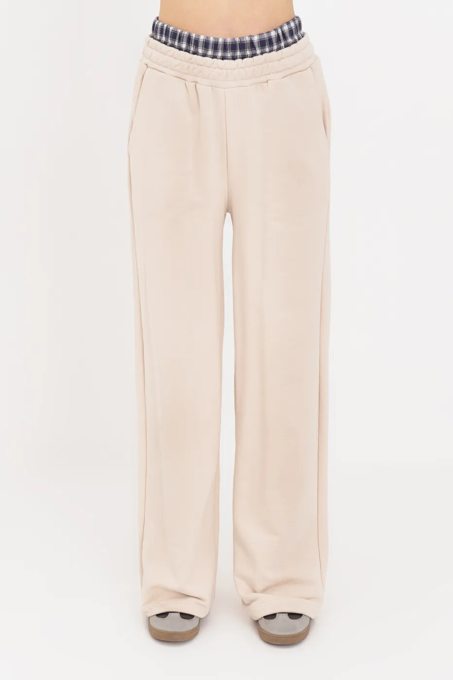 Bayan Ekru Kontrast Bel Bantlı Geniş Paça  Pamuklu Pantolon