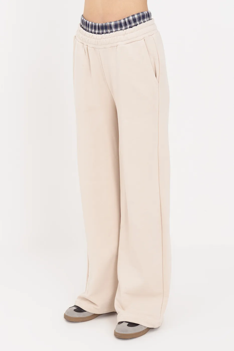 Bayan Ekru Kontrast Bel Bantlı Geniş Paça  Pamuklu Pantolon