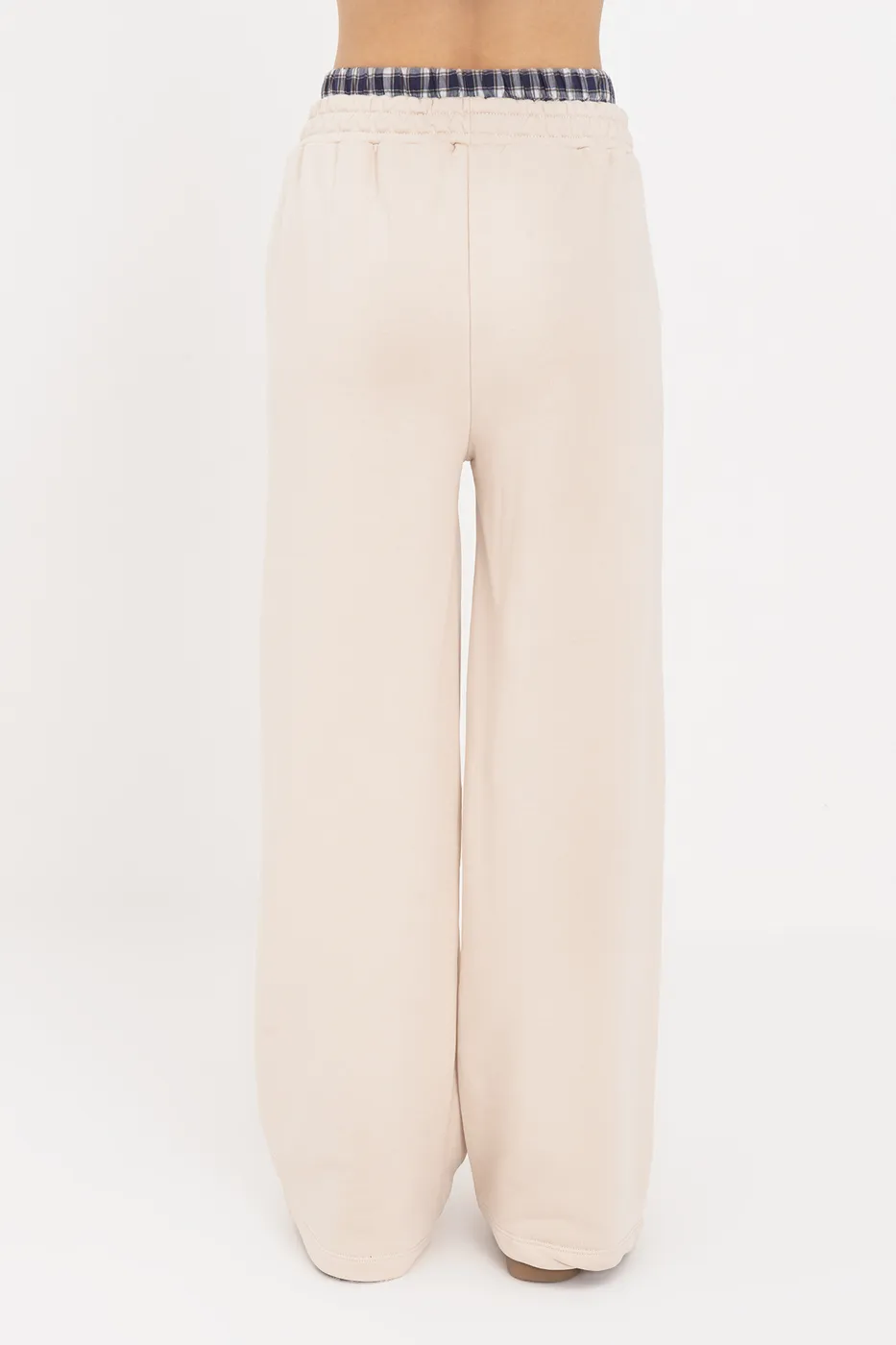 Bayan Ekru Kontrast Bel Bantlı Geniş Paça  Pamuklu Pantolon