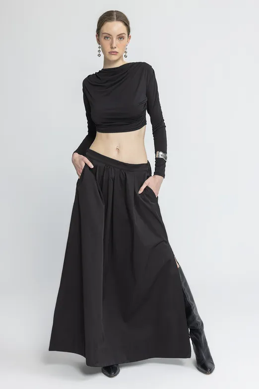 Bayan Siyah Volanlı Maksi Etek - BSL