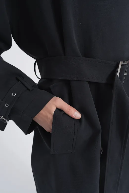 Bayan Siyah Oversize Astarlı Trençkot - BSL