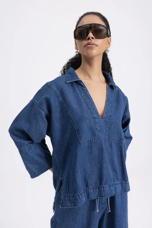 Bayan Lacivert Yaka Detaylı Denim Bluz - BSL