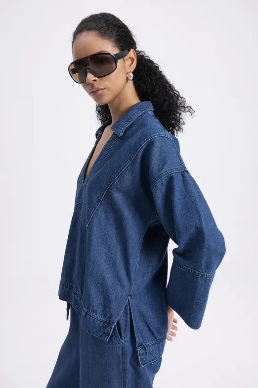 Bayan Lacivert Yaka Detaylı Denim Bluz - BSL