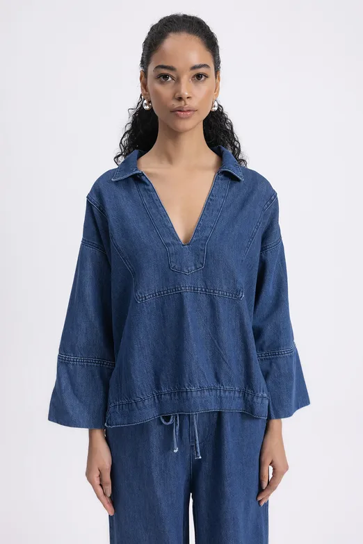 Bayan Lacivert Yaka Detaylı Denim Bluz - BSL