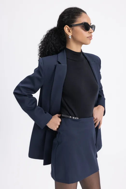 Bayan Lacivert Kemer Detaylı Mini Etek - BSL