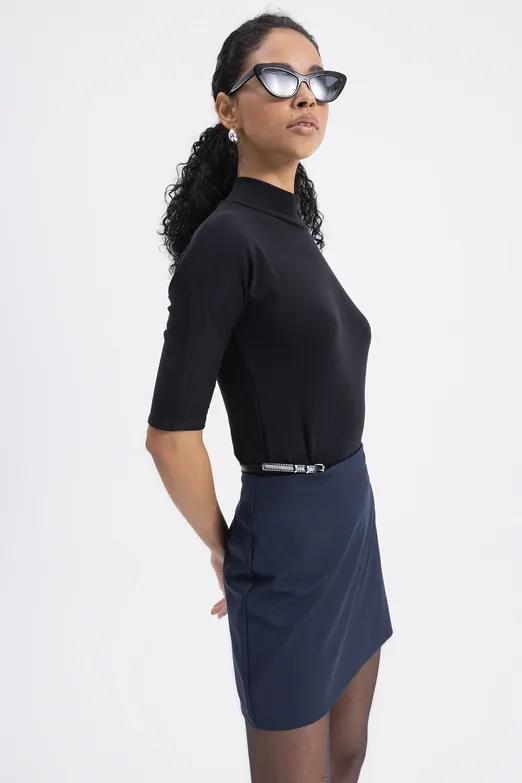 Bayan Lacivert Kemer Detaylı Mini Etek - BSL