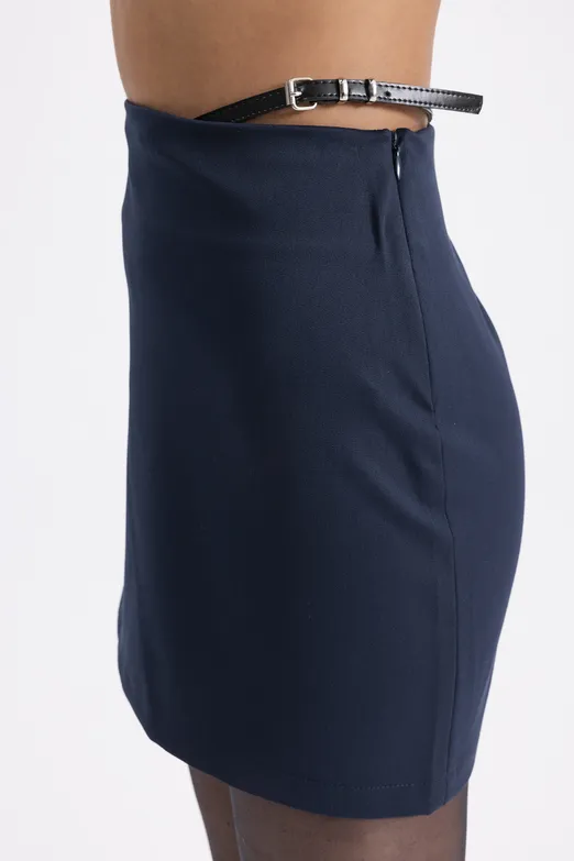 Bayan Lacivert Kemer Detaylı Mini Etek - BSL