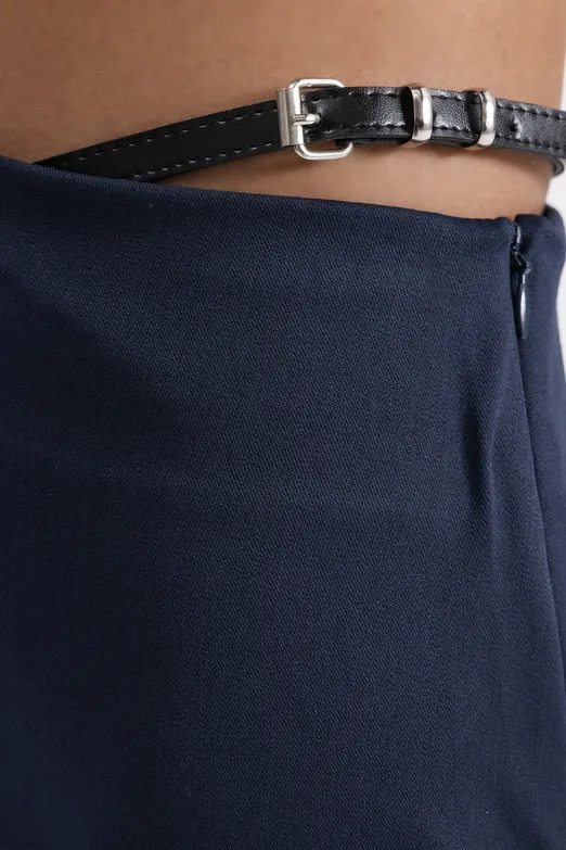 Bayan Lacivert Kemer Detaylı Mini Etek - BSL