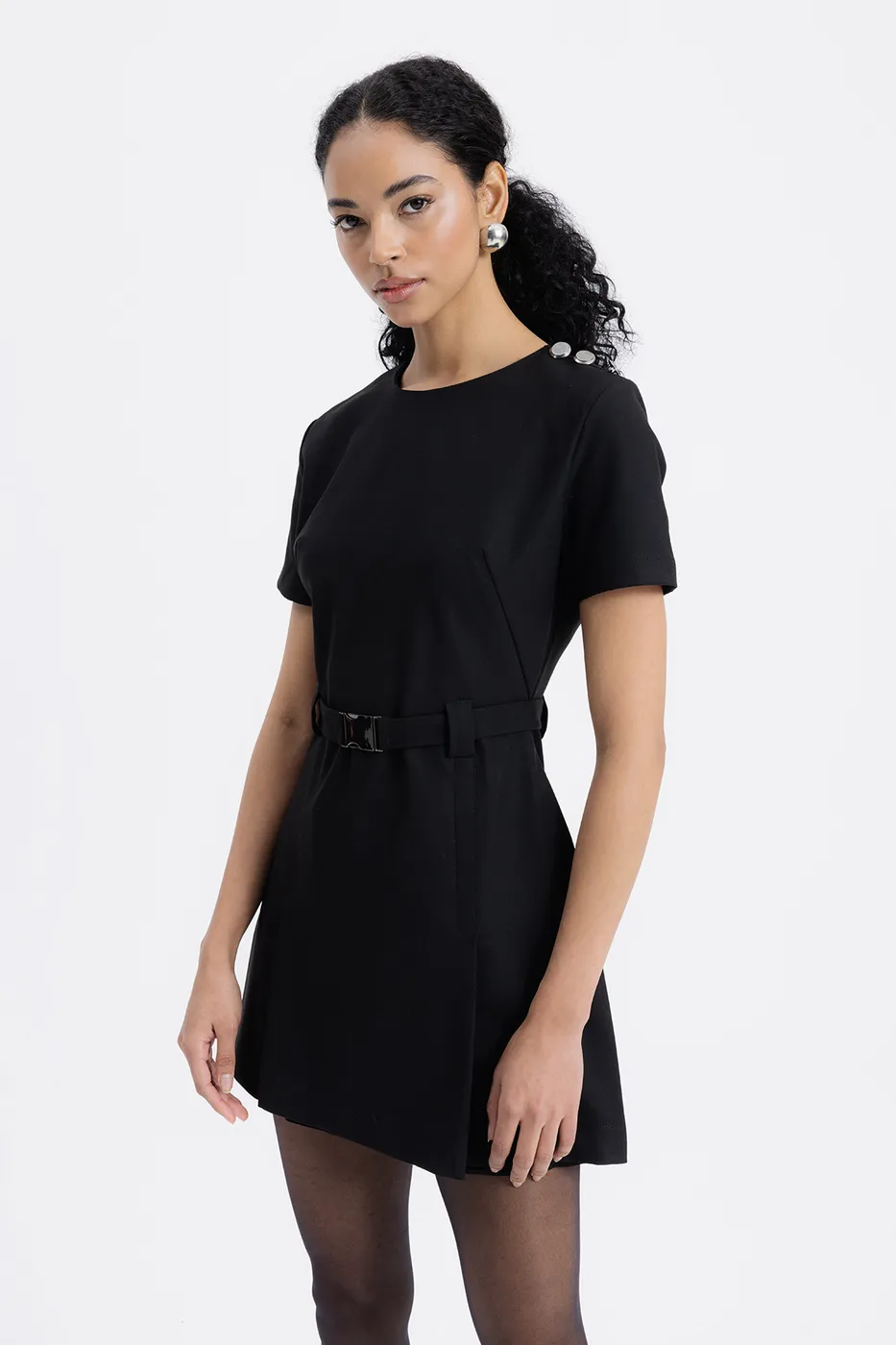 Bayan Siyah Kısa Kollu Mini Elbise