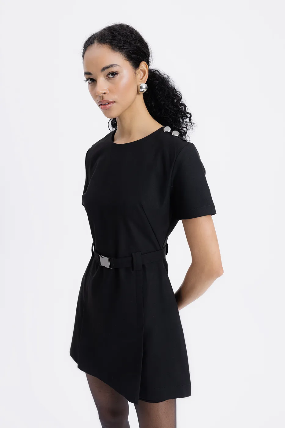 Bayan Siyah Kısa Kollu Mini Elbise