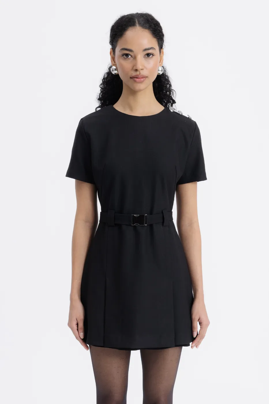 Bayan Siyah Kısa Kollu Mini Elbise