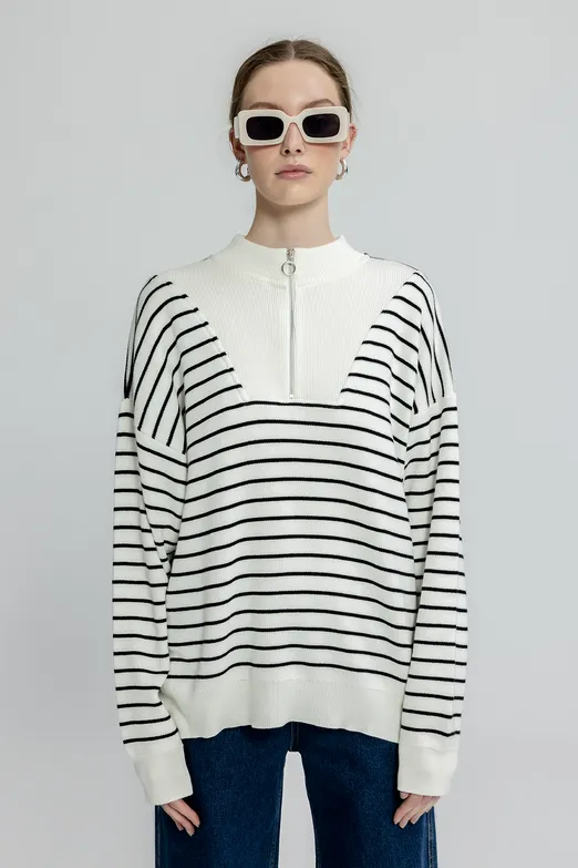 Bayan Ekru Oversize Yarim Fermuar Çizgili Triko Kazak - BSL