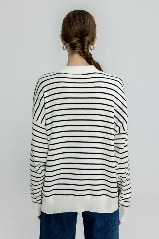 Bayan Ekru Oversize Yarim Fermuar Çizgili Triko Kazak - BSL