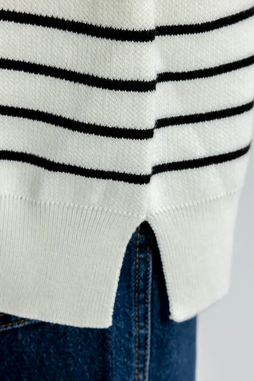Bayan Ekru Oversize Yarim Fermuar Çizgili Triko Kazak - BSL