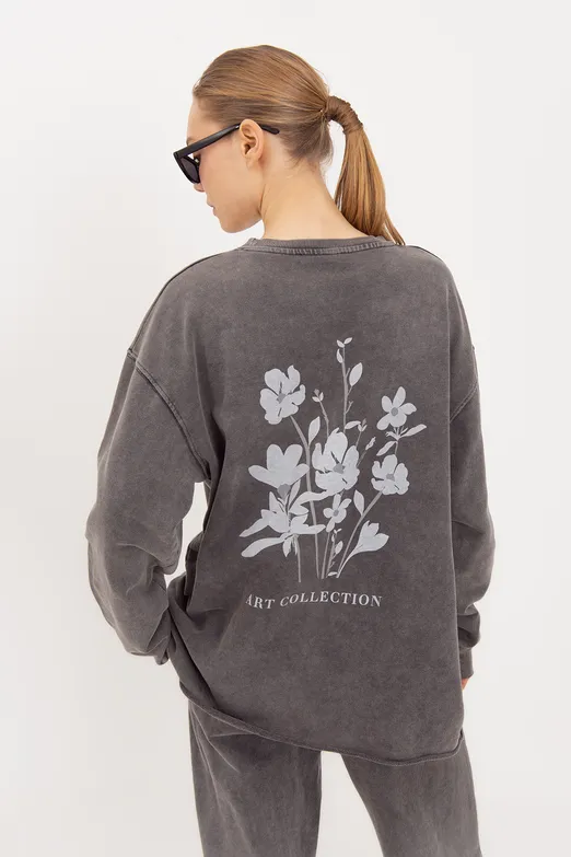 Bayan Antrasit Yıkamalı Baskılı Sweatshirt - BSL