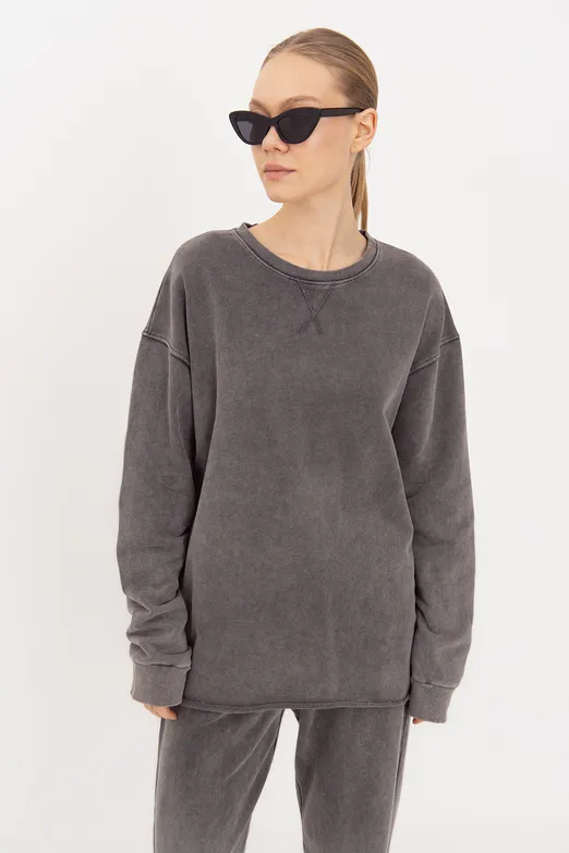 Bayan Antrasit Yıkamalı Baskılı Sweatshirt - BSL
