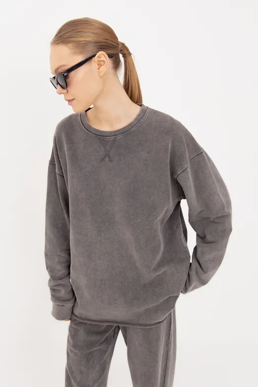 Bayan Antrasit Yıkamalı Baskılı Sweatshirt - BSL