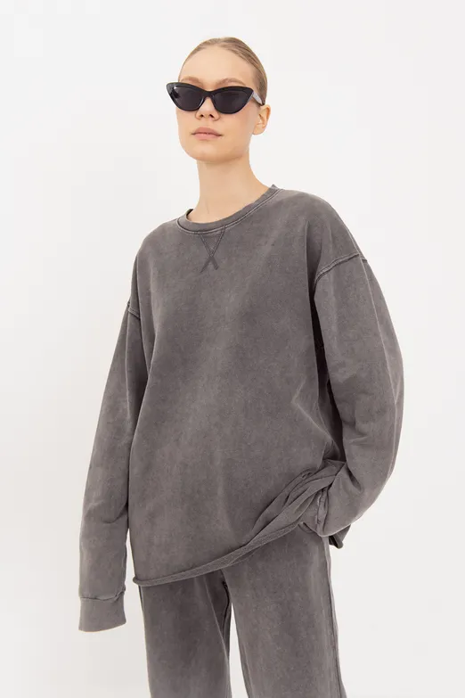 Bayan Antrasit Yıkamalı Baskılı Sweatshirt - BSL