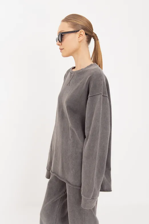 Bayan Antrasit Yıkamalı Baskılı Sweatshirt - BSL