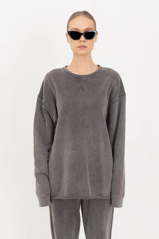 Bayan Antrasit Yıkamalı Baskılı Sweatshirt - BSL