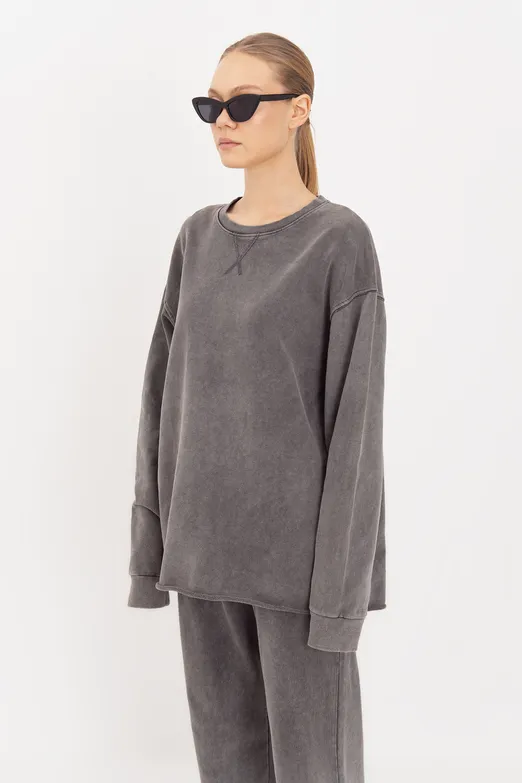 Bayan Antrasit Yıkamalı Baskılı Sweatshirt - BSL