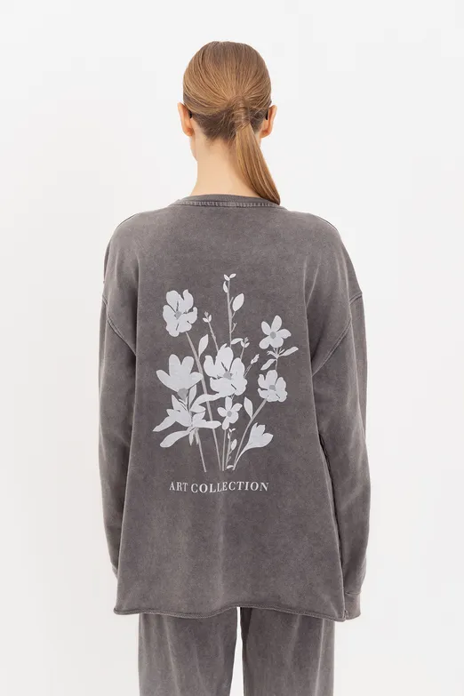 Bayan Antrasit Yıkamalı Baskılı Sweatshirt - BSL