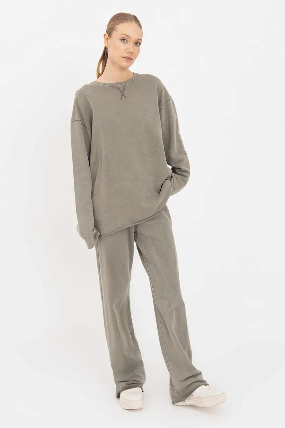 Bayan Haki Yıkamalı Düz Kesim  Pantolon